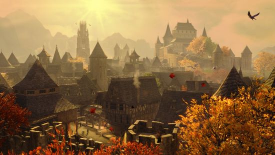 Skingrad from ESO Gold Road stands in an autumnal scene, with narrow streets and thin roofs jostling for space.