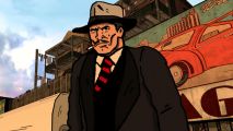 Earn your revenge in this retro noir immersive sim out now on Steam: A dapper gangster looks down at you under blue skies and in front of an expansive billboard.