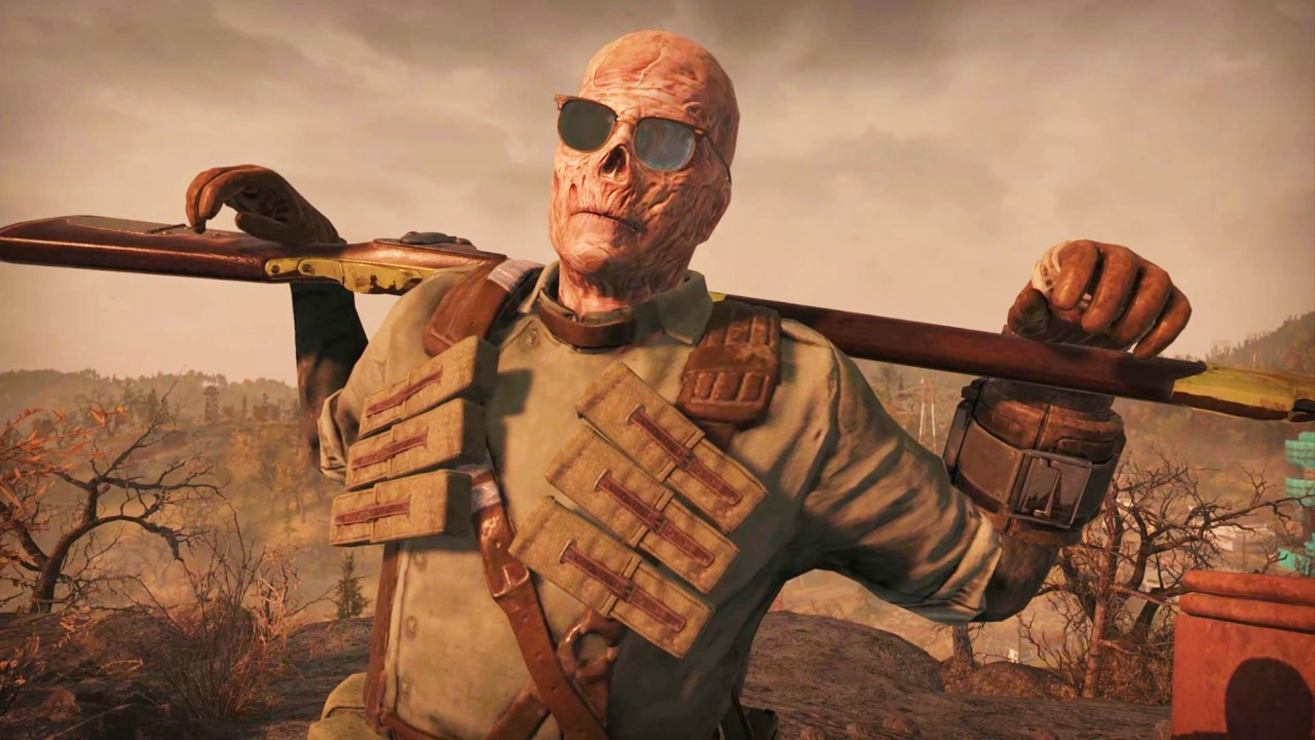 Fallout 76 Ghoul: Ein spielbarer Ghoul in Fallout 76, der ein Gewehr hält