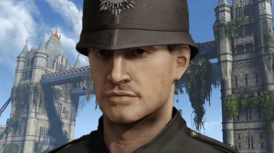 Fallout London has a new release date, mod developer teases: A character, presumably the player, from Fallout London stands wearing a traditional English police hat, in front of a ruined Tower Bridge.