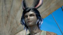 FF14 Dawntrail fashion: a bunny boy with a human face and big tall bunny ears