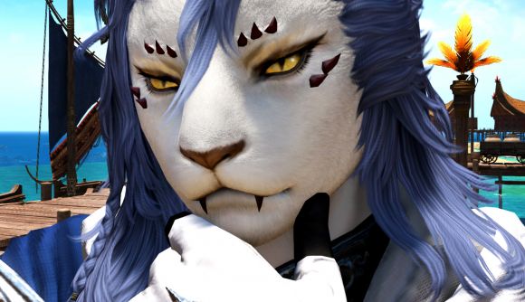 FF14 Dawntrail media tour interview: As FFXIV gets harder, Naoki Yoshida wants to help new players learn - A blue-haired female Hrothgar wearing a Sage outfit strokes their chin thoughtfully at the docks in new hub city Tuliyollal.