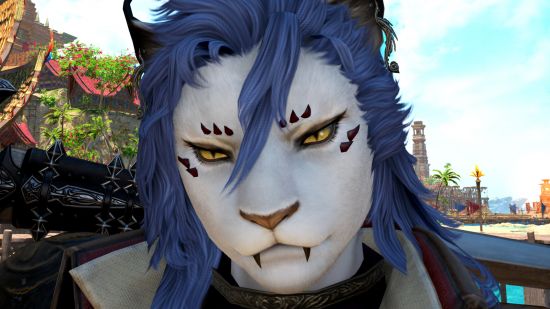 FF14 Dawntrail proves the future of Final Fantasy is brighter than ever - A Warrior of Light in the new FFXIV expansion, a blue-haired female Hrothgar wearing the Viper outfit.