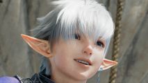 FF14 Dawntrail quality-of-life-change: A young man with pointy ears and white hair looks excited