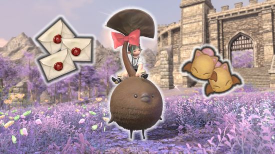 The FF14 Twitch rewards, including Buttery Mogbiscuit, Aetheryte tickets, and a Chocorpokkur Mount.