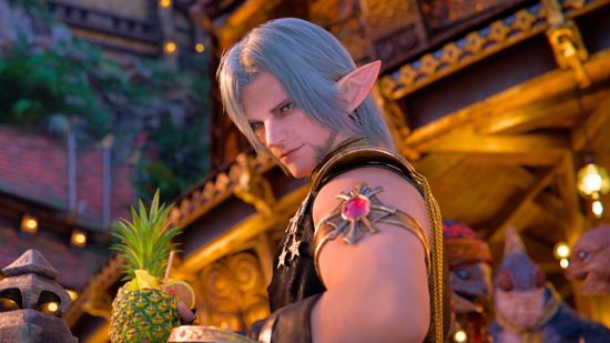 Final Fantasy 14 benchmark update: a man with long silver hair looks down while holding a drink in a pineapple