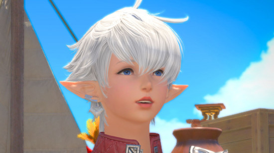 Final Fantasy 14 Dawntrail launch apology: a young woman in a red jacket with white hair