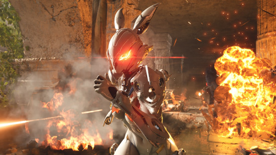 The First Descendant Ultimate Descendants: a person wearing a robotic rabbit armor set runs away from an explosion.
