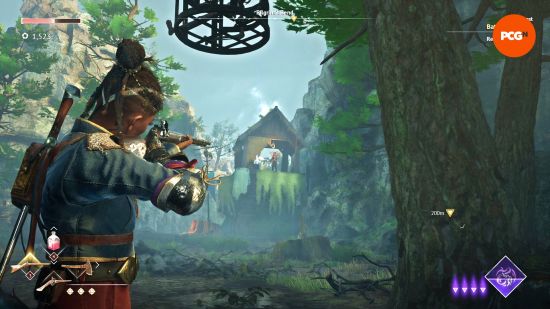 Flintlock The Siege of Dawn preview: Nor takes aim at a sniper upon a raised platform in an enemy camp.