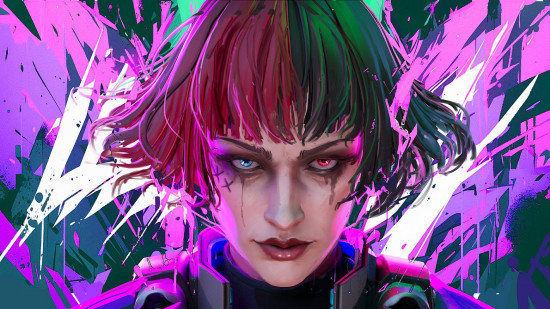 Fragpunk is a colorful new FPS with a Slay the Spire twist: A woman with pink and green split-dyed hair and one red, one blue eye looks menacingly into the camera on a colorful purple background