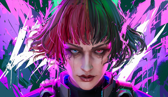 Fragpunk is a colorful new FPS with a Slay the Spire twist: A woman with pink and green split-dyed hair and one red, one blue eye looks menacingly into the camera on a colorful purple background