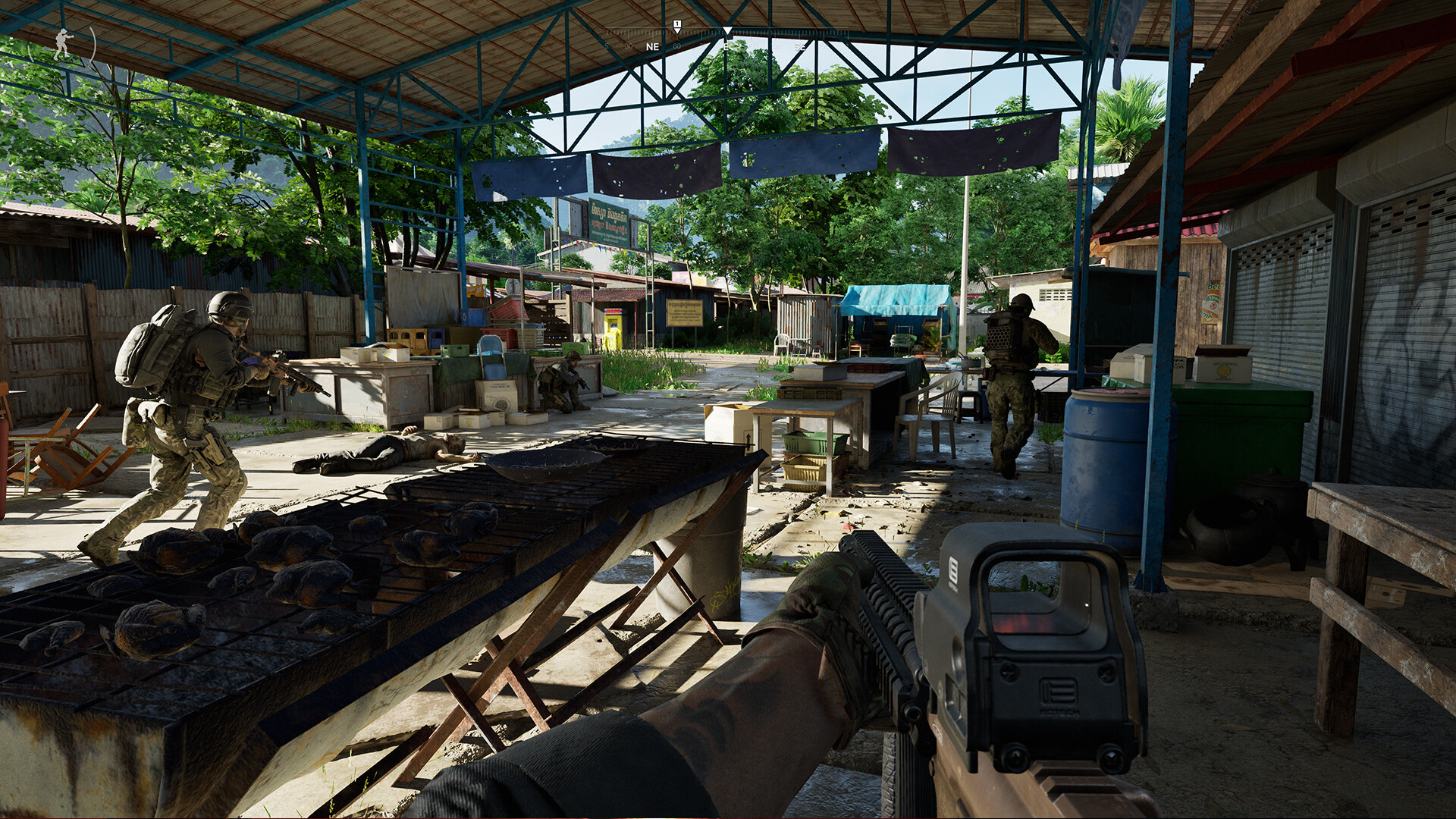 Gray Zone Warfare celebrates huge first month Steam sales - First-person view of a soldier walking through a small, abandoned market behind two companions.
