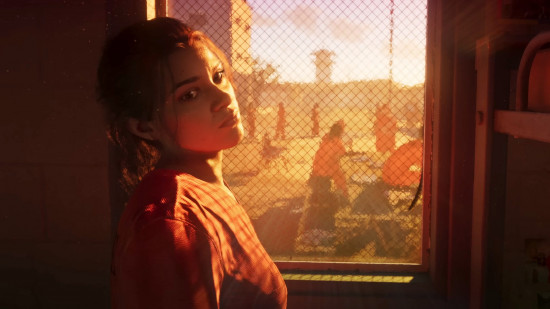 GTA 6 release date: Lucia leans against the window of her prison cell and turns to look at the viewer..