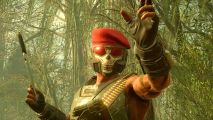 Helldivers 2 game master job: a soldier in a skull mask with a red beret, holding up a knife by the tip reading to throw it