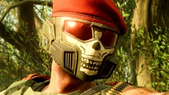 Helldivers 2 Warbond Viper Commandos - A soldier in the jungle wearing a skull mask and a red beret.