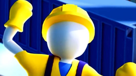 Beloved co-op game Human Fall Flat gets free DLC - A figure in a yellow safety helmet in front of a blue cargo crate.