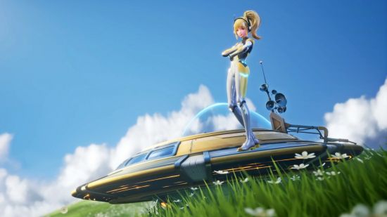 Nikki poses on top of a UFO in her space suit, just one of the outfits available following the Infinity Nikki release date.