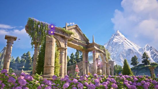 A snapshot of Miraland, with beautiful ruins filled with purple flowers against a backdrop of blue skies and high mountains, which we can explore following the Infinity Nikki release date.