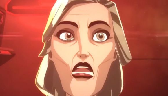 Invisible Inc Steam sale: a woman with shoulder-length white hair looks shocked, in a well-lit red room