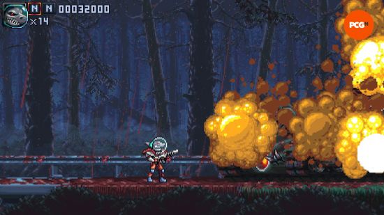A small pixelated character with a shark head stands before a large explosion in the side-scrolling 2D platformer Iron Meat demo.