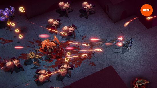 The player shoots two guns towards an onslaught of foes as firey projectiles fly all around in the Kill Knight demo.