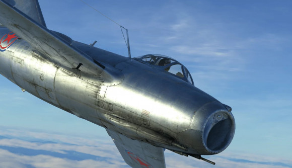 Korea IL-2 Series aims to shine a light on a nearly forgotten conflict: A jet plane in the Korean War dives with blue skies behind.