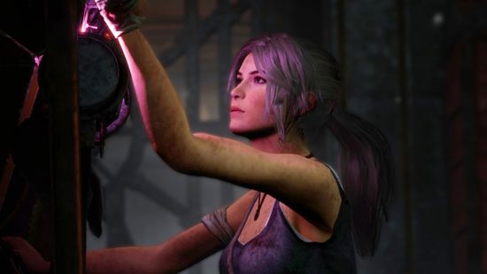 Lara Croft works on a generator in the Dead by Daylight Tomb Raider chapter.