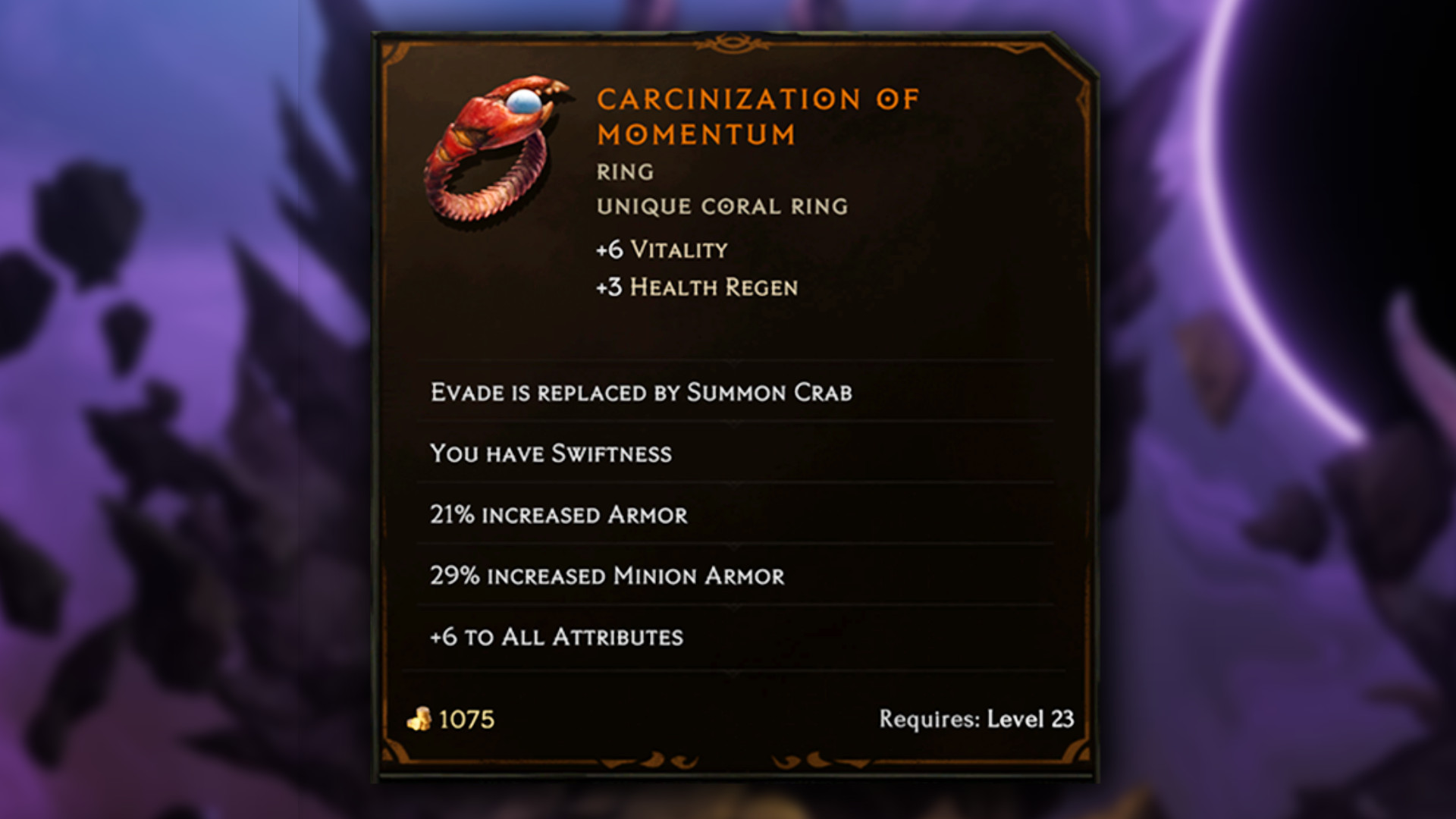 Last Epoch Harbingers of Ruin - New unique ring Carcinization of Momentum, which transforms your evade skill into a summon crab one.