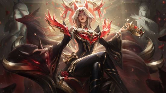 A pretty woman with long white hair and fox ears sits on a throne holding a crown, tails swooshing behind her, wearing a black tight-fitting outfit with gold trims