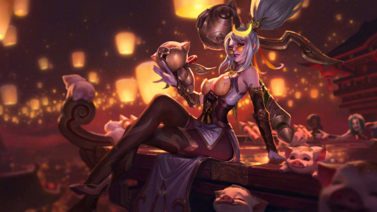 League of Legends Mythic shop: Prestige Firecracker Vayne sitting on a bench, surrounded by pigs