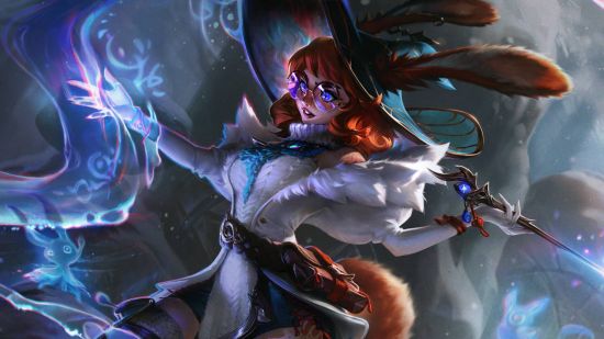 A cute bunny girl with red hair waving a wand, wearing a white bodice casts blue magic in plumes around her