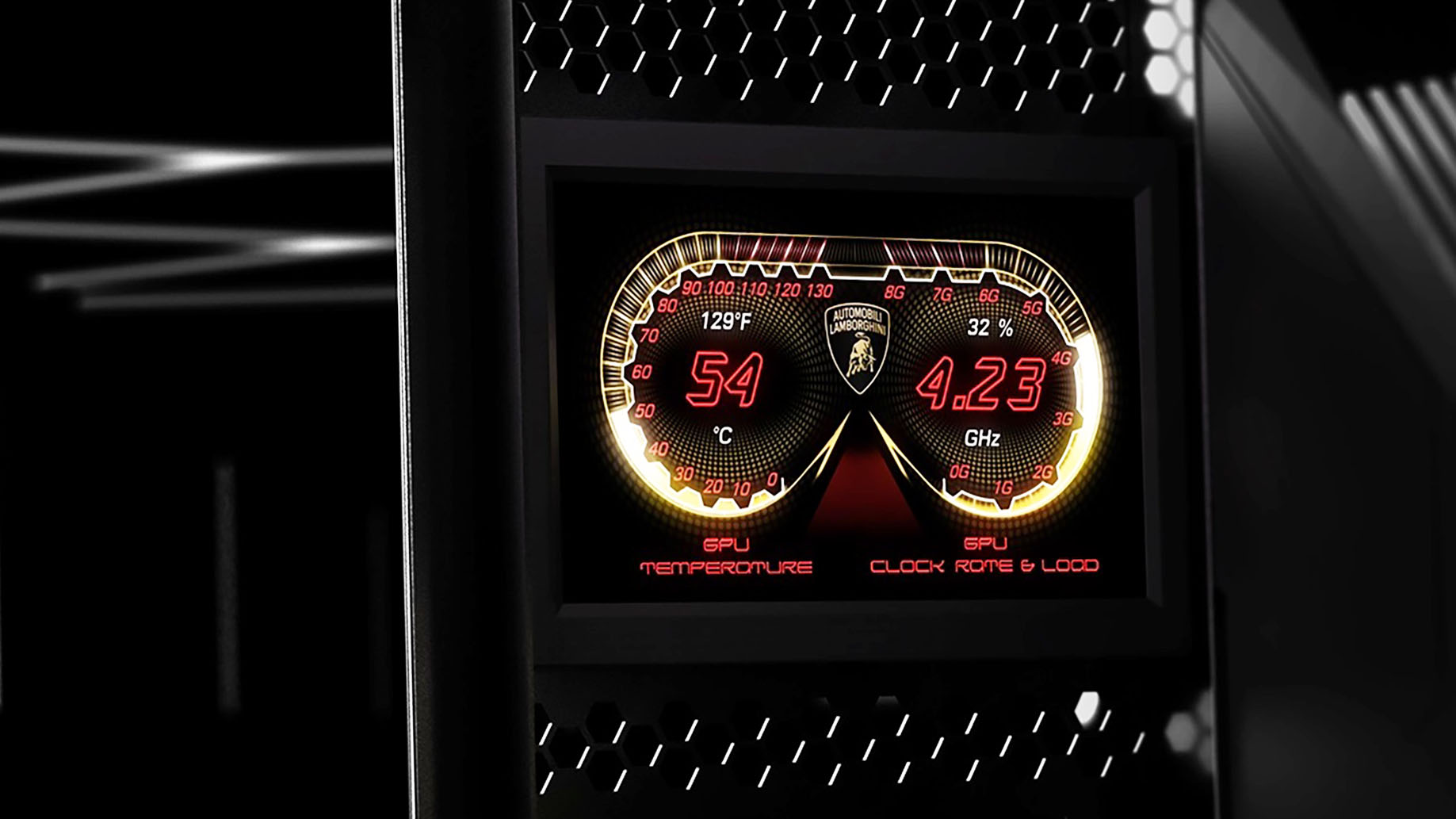 Lian Li Lamborghini 011D PC case dashboard screen
