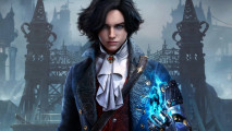 Ahead of its sequel, Lies of P just hit its lowest price yet: A young boy with black, wavy hair stands with a Victorian bridge behind him wearing a ruffled shirt with a red jewel, blue energy emanating from his metallic right hand