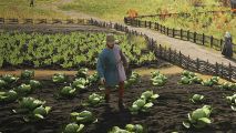 New Manor Lords patch makes moving stuff around a little bit easier: A peasant in Manor Lords stands in the middle of a cabbage patch.
