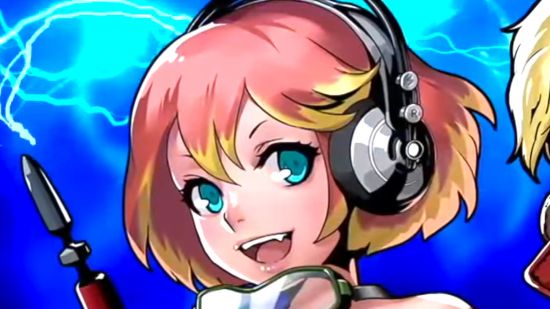 a woman with pink hair and big headphones