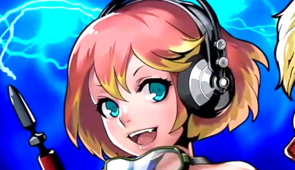 a woman with pink hair and big headphones
