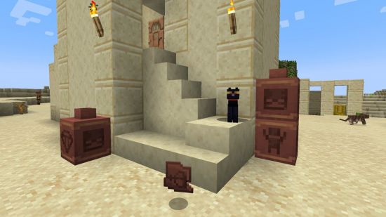 Some Minecraft archeology decorative pots and a pottery sherd sit at the base of a desert structure, as a black cat looks on.