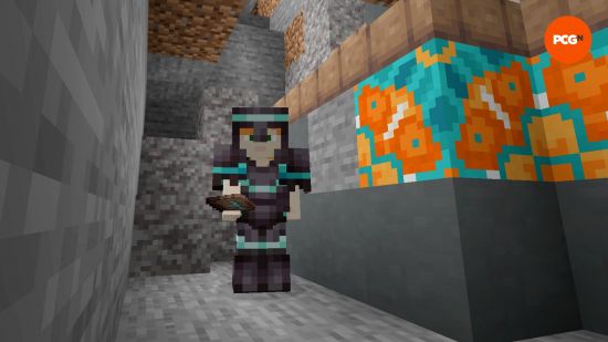 A player stands in full armor with the Host trim, holding a Host Armor Trim Smithing Template found via Minecraft archeology.