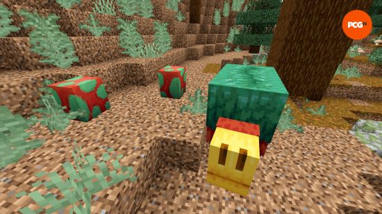 A Sniffer stands next to two Sniffer eggs, which can only be obtained via Minecraft archeology.