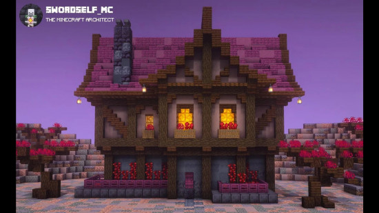 A Minecraft house made from a series of crimson blocks and other matching resources.