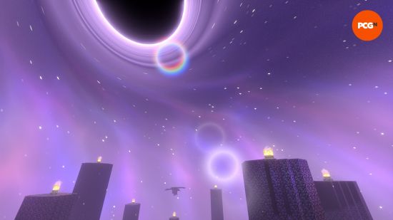 A black hole looms as a stunning purple sky glows in The End thanks to Super Duper Vanilla, one of the best Minecraft shader packs.