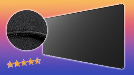 A orange and purple gradient background with a cut out of a mouse mat and a star rating next to it