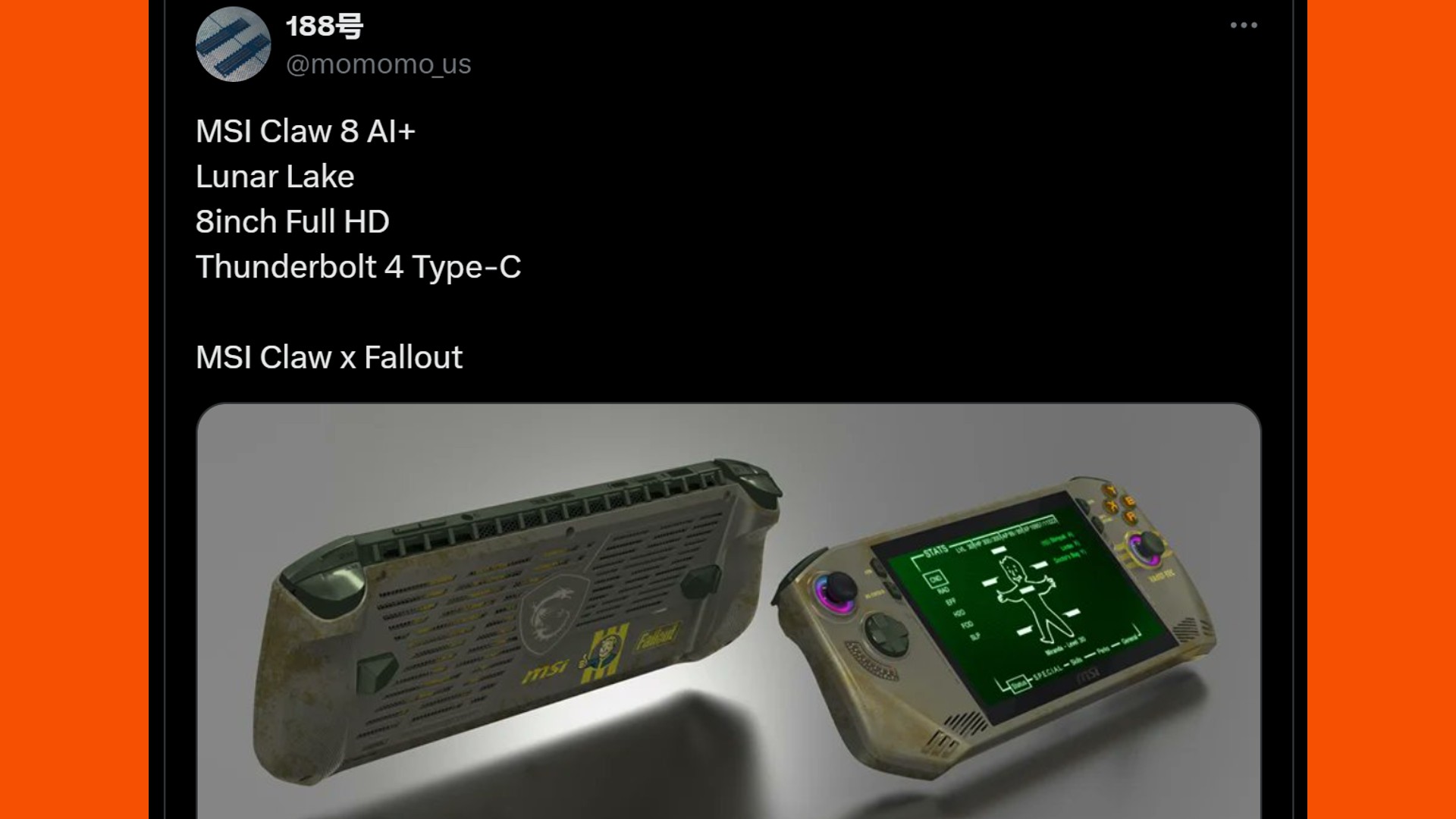 X post showcasing the Fallout MSI Claw and detail of the MSI Claw 8 AI+