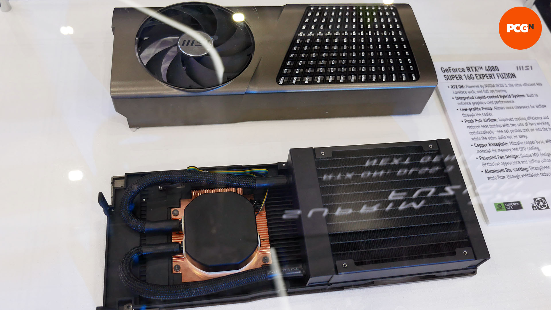 MSI somehow squeezed a whole AIO cooler in this Nvidia graphics card: MSI GeForce RTX 4080 Super 16G Expert Fuzion: Cooler design at Computex 2024