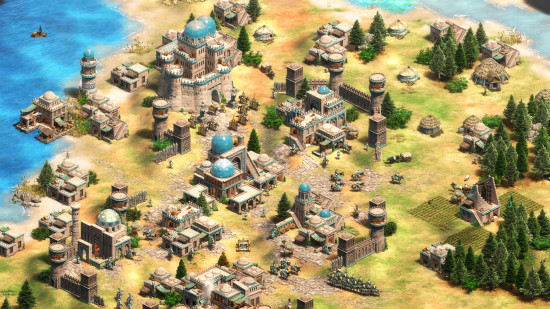 Old games: an Age of Empires 2 civilization consisting of numerous buildings, villagers, and combat units