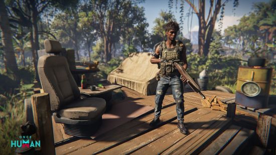 A player stands atop a basic base holding a gun and wearing a military vest, surrounded by a modest collection of scavenged items in Once Human.