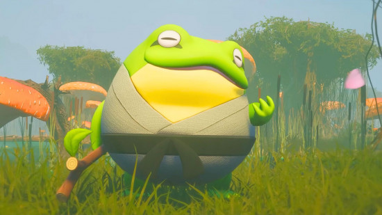 Palworld Steam players increase: a round frog holding a stick wearing a gi