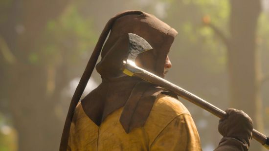 Pax Dei launch reaction: a back view of a man with a brown hood holding an axe