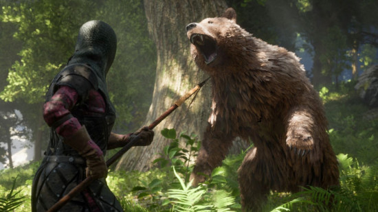 Pax Dei impressions: A mail-clad, spear-wielding soldier takes on a roaring bear in a lush forest.