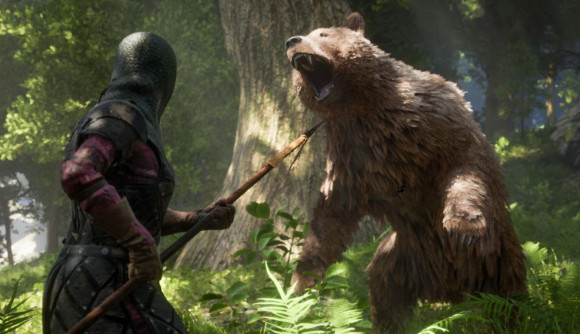 Pax Dei impressions: A mail-clad, spear-wielding soldier takes on a roaring bear in a lush forest.